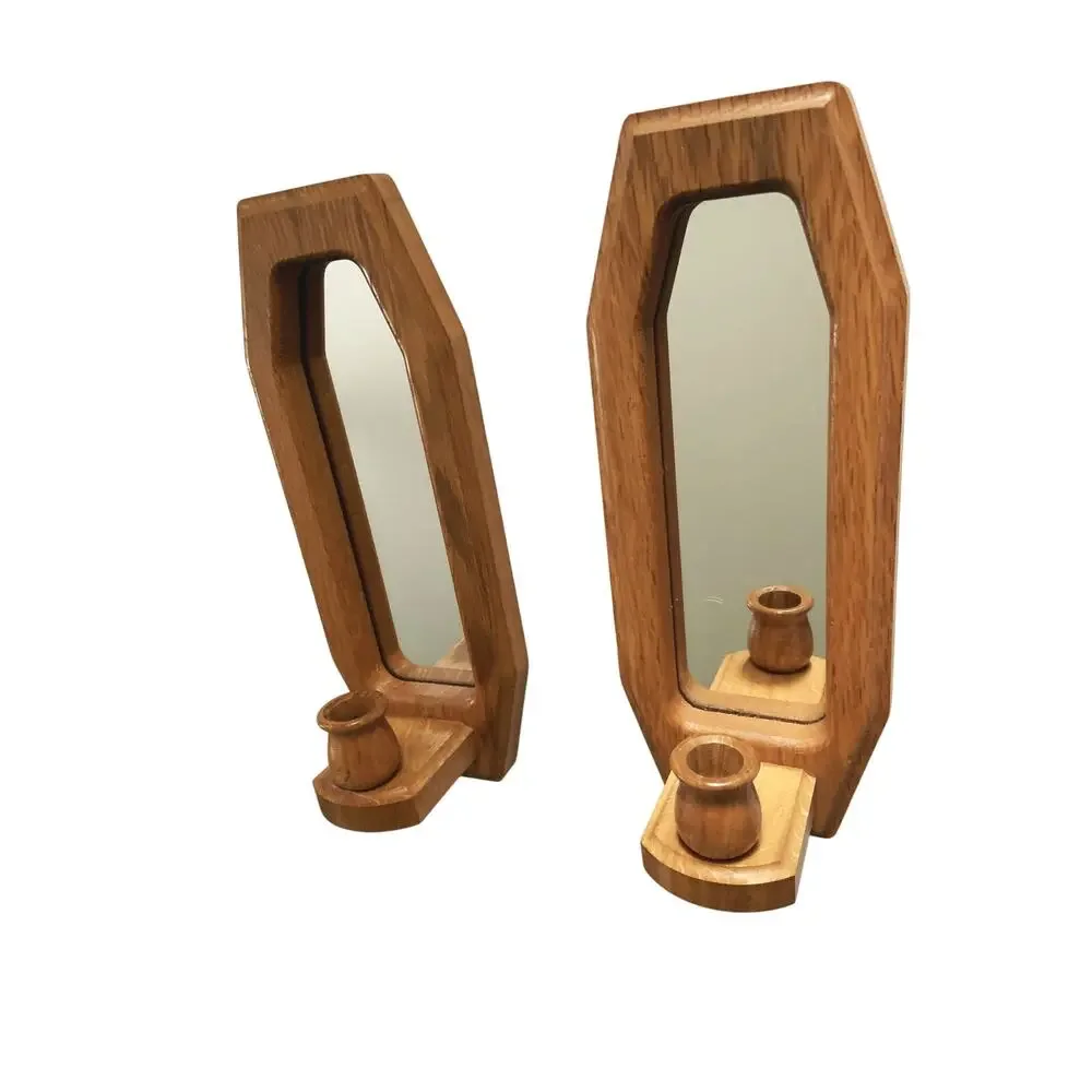 Vintage 70s 80s Pair of Wooden Mirrored Wall Sconces Candle Holders Wall Decor